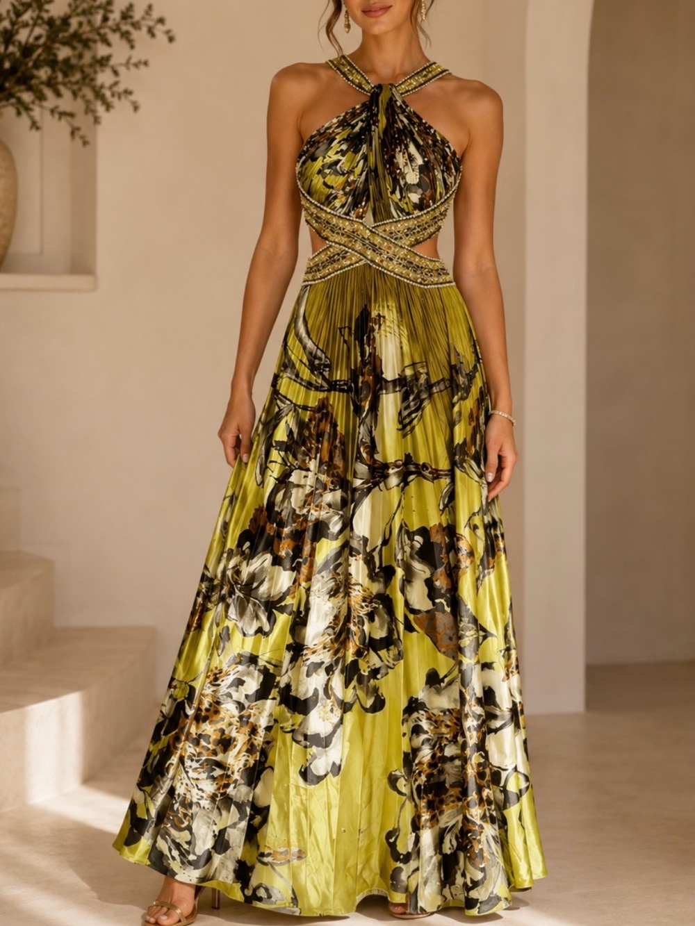 Jovani Satin Pleated Formal Maxi Dress Beaded Cutout Waist Floral Green Size 8